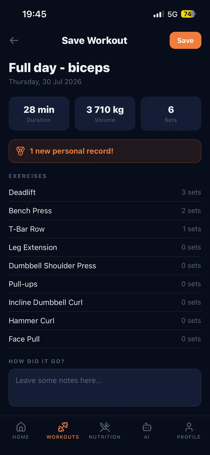 Virtue session summary showing duration, volume and a new personal record